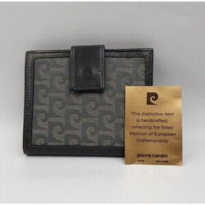 PIERRE CARDIN Vintage Logo Leather Canvas Bifold Wallet Gray Women RARE NWT